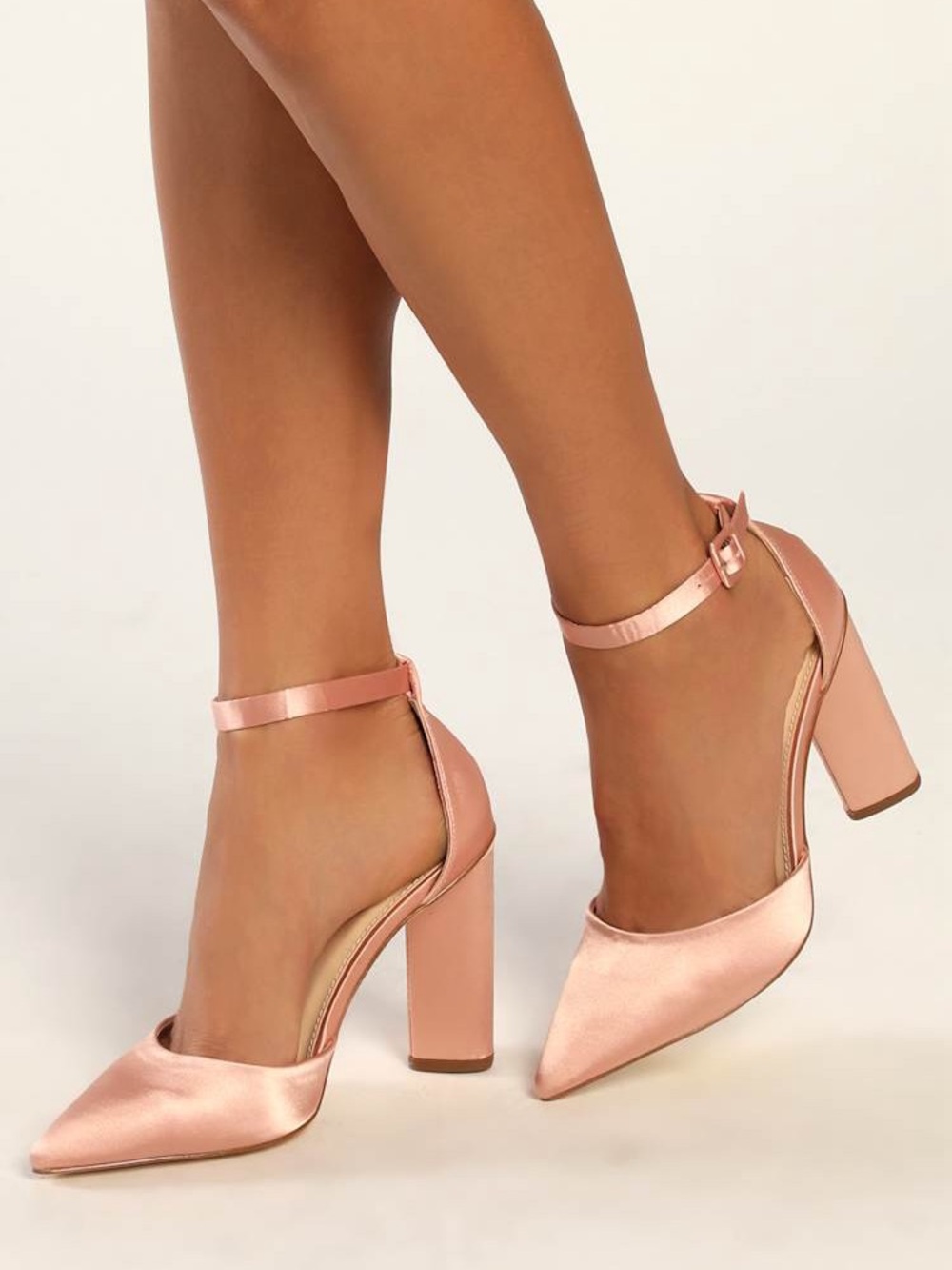 Lulus Syngo Rose Gold Satin Pointed-Toe Ankle Strap Pumps